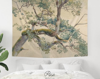 Vintage Botanical Tree Tapestry | Forest Nature Wall Hanging, Large Home Office Accent Piece