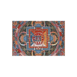 May include: A colorful mandala with a central square surrounded by a circle. The mandala is filled with intricate details and patterns in shades of red, blue, green, and gold.