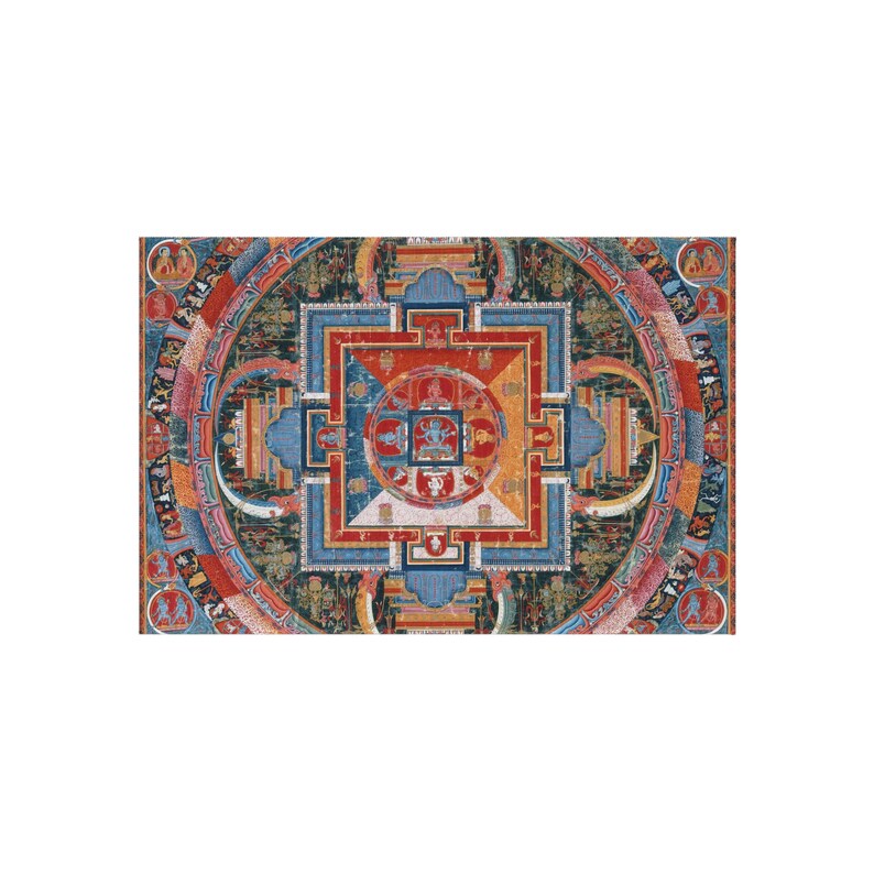 May include: A colorful mandala with a central square surrounded by a circle. The mandala is filled with intricate details and patterns in shades of red, blue, green, and gold.