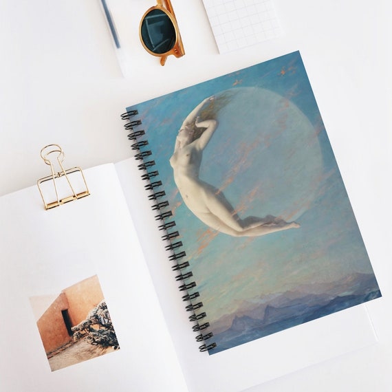 Moon Spiral Notebook, Moon Journal, Nude Woman, Woman Notebook, Boho Notebook, Blue Notebook, Moon Gift, Boho Moon, Nude Notebook
