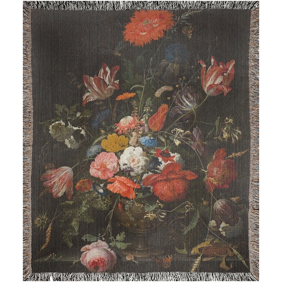 Woven Blanket, Black Throw Blanket, Floral Blanket, Red Blanket, Red Flower, Art Blanket, Boho Blanket, Nature Blanket, Plant Blanket