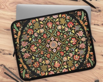 Housse noire pour ordinateur portable, pochette florale pour ordinateur portable, pochette Macbook, pochette pour iPad, mandala floral, housse bohème pour Macbook, housse bohème pour ordinateur portable, housse à fleurs