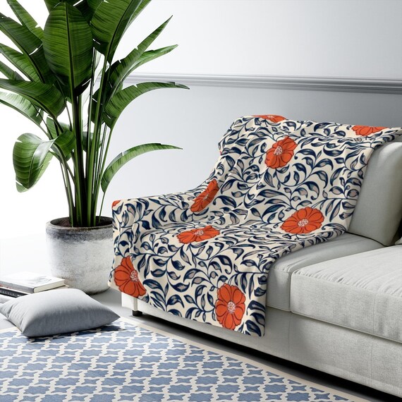 Floral Blanket, Black White Blanket, Orange Flowers, Vintage Blanket, Vintage Plants, Chinese Flowers, Orange Blanket, Vintage Blanket