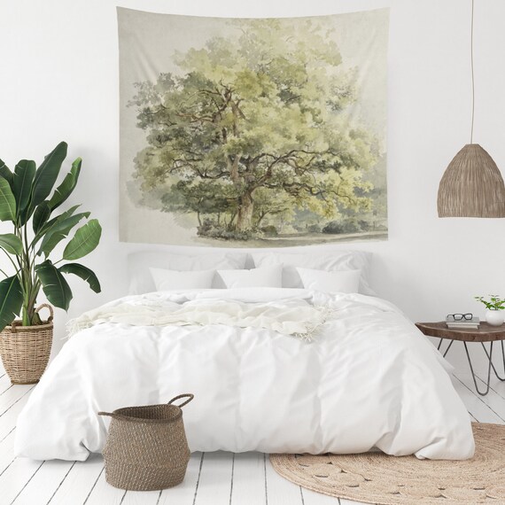 Vintage Tree Tapestry, Botanical Wall Art, Tree Wall Art, Tree Wall Hanging, Tree Decor, Tree Painting, Green Tree Print, Tree Watercolor