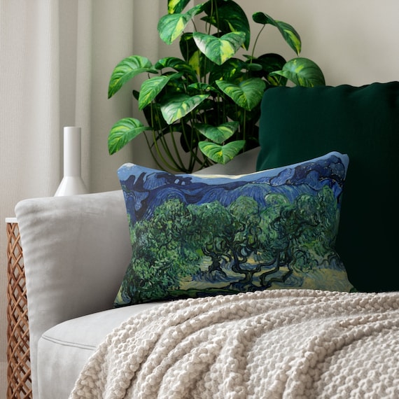 Van Gogh Pillow, Lumbar Pillow, Van Gogh Decor, Landscape Painting, Tree Pillow, Vincent Van Gogh, Blue Green Pillow, Fine Art Pillow