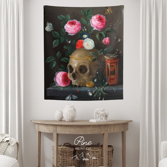 Skull Tapestry, Skull Flowers, Skull Painting, Vintage Tapestry, Gothic Wall Art, Gothic Tapestry, Botanical Tapestry, Medieval Tapestry