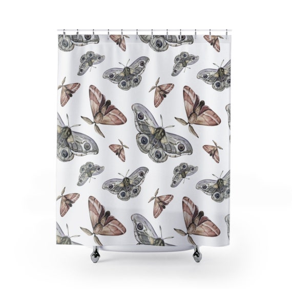 Moth Shower Curtain, White Shower Curtain, Moth Decor, Moth Watercolor, Butterfly Decor, Moth Gift, Purple Bathroom, Boho Bathroom
