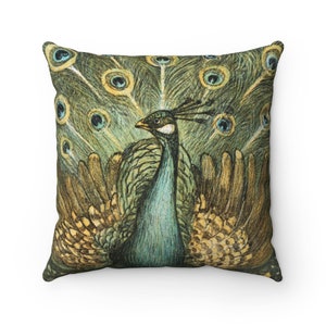 Peacock Pillow, Gold Pillow, Green Pillow, Bird Pillow, Peacock Decor, Vintage Pillow, Peacock Gift, Teal Pillow, Gold Green Decor
