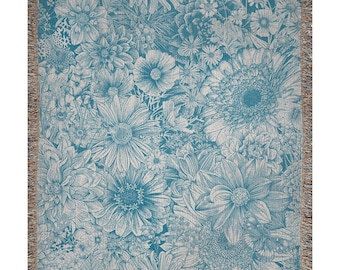 Blue Woven Blanket, 70s Blanket, Blue Throw Blanket, Botanical Blanket, Floral Blanket, Boho Woven Blanket, Plant Blanket, Blue Bedding