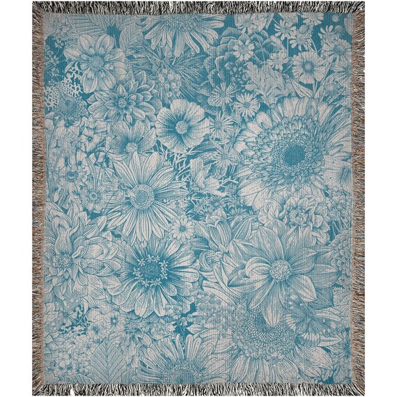 Blue Woven Blanket, 70s Blanket, Blue Throw Blanket, Botanical Blanket, Floral Blanket, Boho Woven Blanket, Plant Blanket, Blue Bedding
