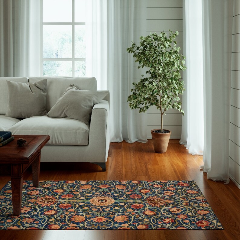 William Morris Rug: Orange Mandala Floral Vintage - Boho Style, Anti-Slip Backing, Indoor Outdoor Use 35" × 63"