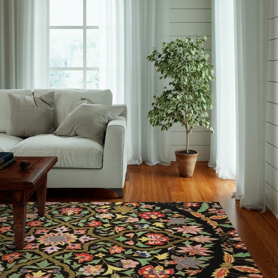 Black Area Rug, Floral Rug, Cottagecore Rug, Mandala Rug, Floral Mandala, Boho Area Rug, Botanical Rug, Floral Decor, Vintage Floral Rug
