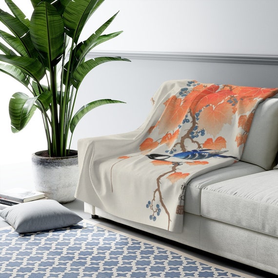 Fall Blanket, Throw Blanket, Bird Blanket, Maple Leaf, Japanese Blanket, Bluebird, Nature Blanket, Autumn Blanket, Fall Throw, Ohara Koson