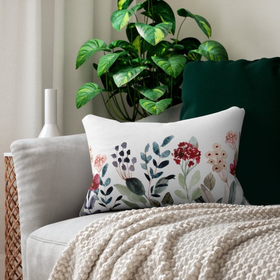 Floral Pillow, Lumbar Pillow, Red Flowers, Botanical Pillow, Nature Pillow, White Pillow, Plant Pillow, Plant Watercolor, Flower Pillow