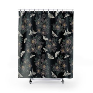 Schwarzer Duschvorhang, Motte Decor, Motte Duschvorhang, Natur Badezimmer, Gothic Duschvorhang, Floral Duschvorhang, Gothic Badezimmer