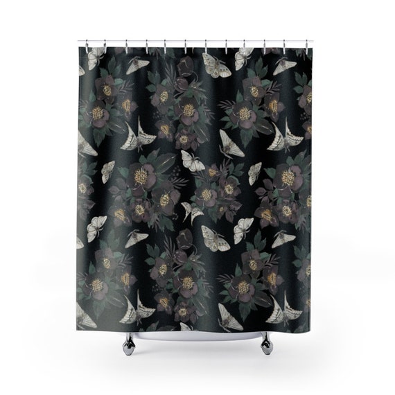 Black Shower Curtain, Moth Decor, Moth Shower Curtain, Nature Bathroom, Gothic Shower Curtain, Floral Shower Curtain, Gothic Bathroom