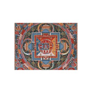 May include: A colorful mandala with intricate details and geometric patterns. The mandala is surrounded by a circular border with figures and symbols. The colors include red, blue, green, yellow, and white.