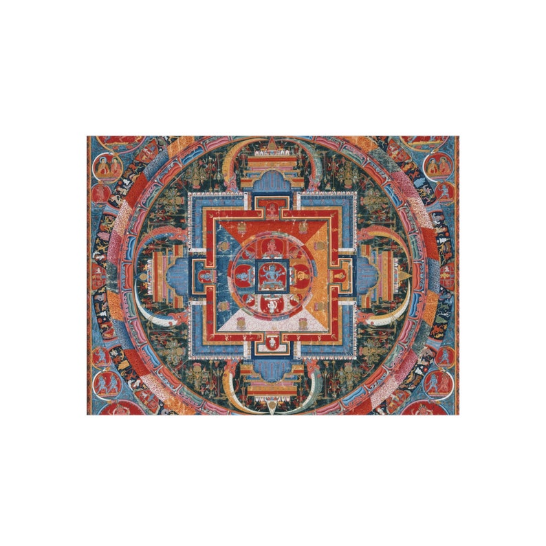 May include: A colorful mandala with intricate details and geometric patterns. The mandala is surrounded by a circular border with figures and symbols. The colors include red, blue, green, yellow, and white.