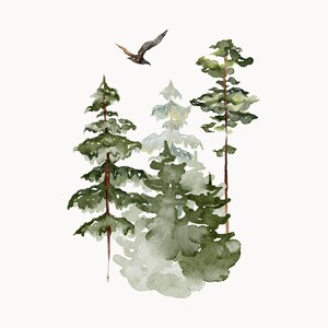 May include: Watercolor painting of a forest scene with three green pine trees and a brown bird flying overhead.