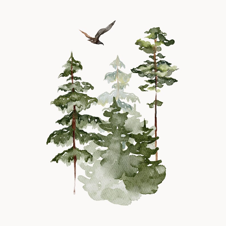 May include: Watercolor painting of a forest scene with three green pine trees and a brown bird flying overhead.