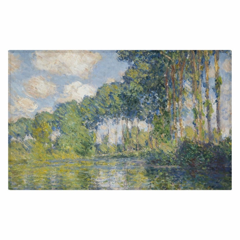 May include: A painting of a river scene with a line of trees along the bank. The trees are a mix of green and blue, and the water is a light blue-green. The sky is a light blue with white clouds.