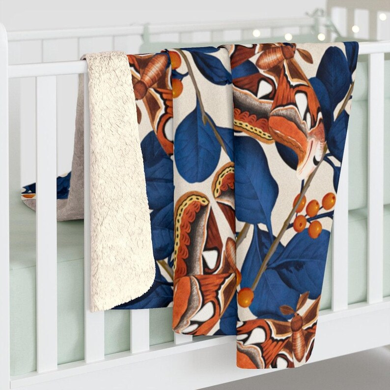 Moth Sherpa Blanket | Inspired Blue Orange Fleece Throw, Snuggle Travel Plush Essential image 5