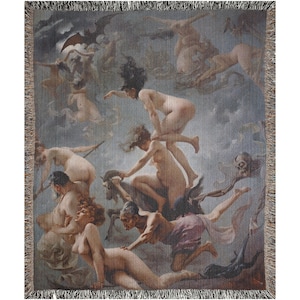May include: A tapestry depicting a scene of nude figures flying through the air on various creatures, including a goat and a bat. The figures are surrounded by clouds and a dark sky. The tapestry is woven with intricate details and vibrant colours.