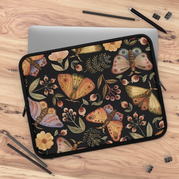 Moth Laptop Sleeve, Black Laptop Sleeve, Gothic Laptop, Moth Illustration, Moth Watercolor, Boho Macbook Sleeve, Nature Laptop Case