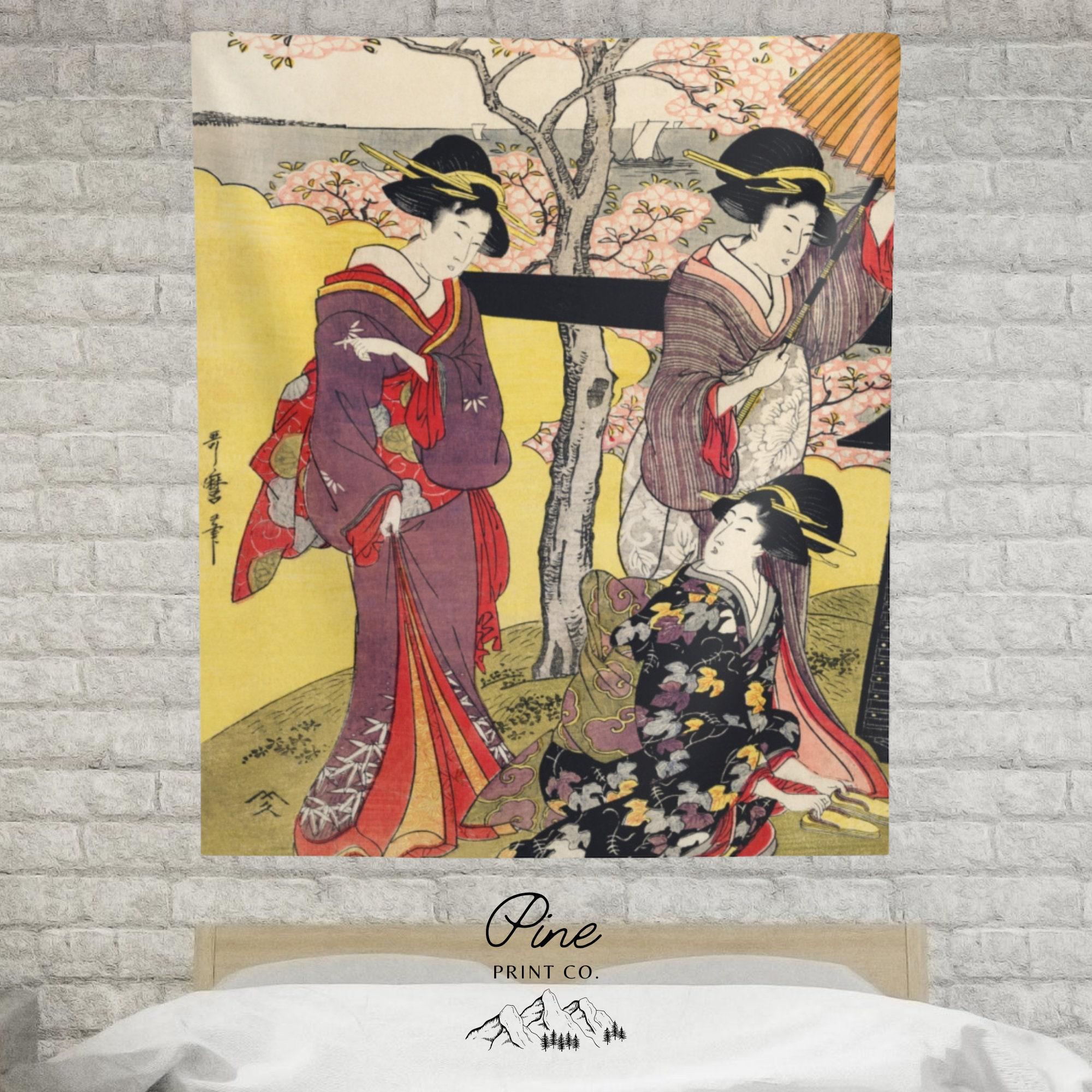 Utamaro Kimono Cherry Blossom Tapestry | Ukiyo-e Woodblock Wall