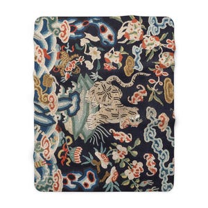 Tiger Sherpa Blanket | Asian Military Rank Embroidery Fleece Throw, Vintage Chinese Plush Essential 60" × 80"