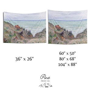 May include: A tapestry featuring a painting of a small red house on a cliff overlooking a blue ocean. The sky is a light blue with white clouds. The painting is in a pointillist style, with small dots of color creating the image. The tapestry is available in three sizes: 36 inches by 26 inches, 60 inches by 50 inches, 80 inches by 68 inches, and 104 inches by 88 inches.