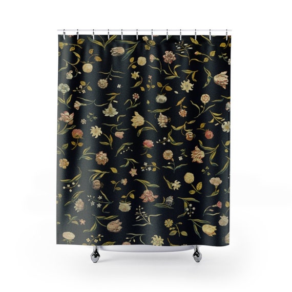 Black Shower Curtain, Black Floral, Cottagecore Decor, Vintage Shower Curtain, Art Shower Curtain, Black Bathroom, Plant Shower Curtain