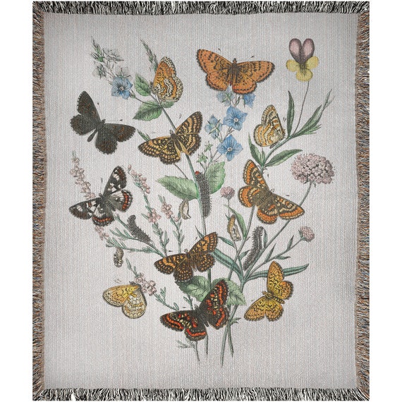 Butterfly Blanket, Woven Blanket, Boho Blanket, Butterfly Bedding, Boho Butterfly, Botanical Blanket, Nature Throw, Moth Blanket