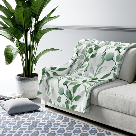 Botanical Blanket, Green Blanket, Botanical Decor, Plant Blanket, Eucalyptus Blanket, Watercolor Botanical, Sherpa Blanket, Plant Lover Gift