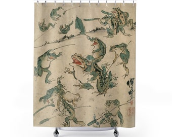 Frosch Duschvorhang, Frosch-Dekor, japanisches Dekor, Kawanabe Kyosai, japanischer Frosch, Frosch-Skizze, Froschschlacht, Vintage Japan, Frosch-Liebhaber-Geschenk