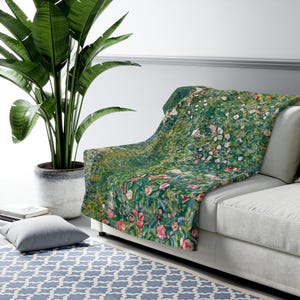 Green Botanical Sherpa Blanket | Gustav Klimt Floral Fleece Throw, Snuggle Home Decor