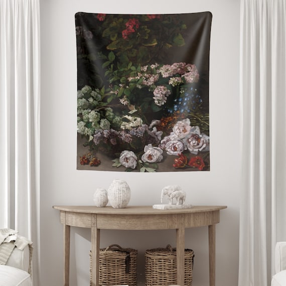 Floral Tapestry, Black Tapestry, Claude Monet Decor, Monet Tapestry, Flower Painting, Black Floral, Botanical Tapestry, Boho Tapestry