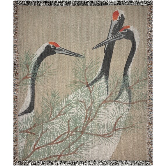 Crane Blanket, Woven Blanket, Bird Blanket, Nature Blanket, Crane Tapestry, Woven Tapestry, Japanese Blanket, Crane Art, Bird Tapestry