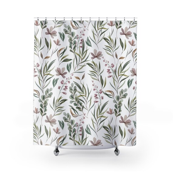 Plant Shower Curtain, Boho Shower Curtain, White Shower Curtain, Nature Curtain, Botanical Decor, Plant Bathroom, Floral Watercolor