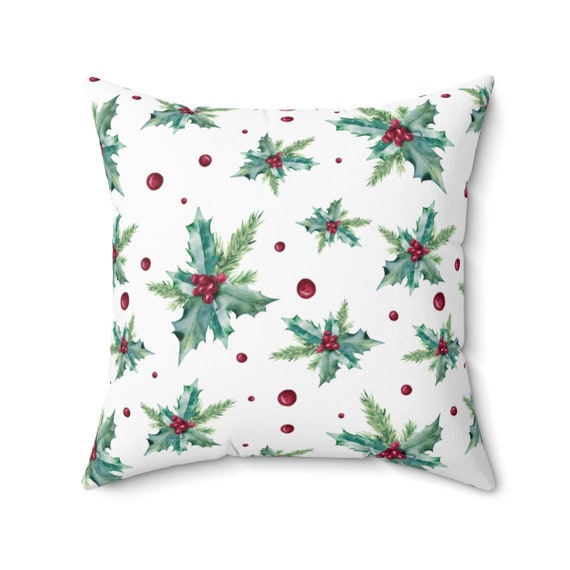 Holly Plant, Holiday Pillow, White Christmas, Christmas Pillow, Christmas Decor, Christmas Holly, Christmas Throw, Holly Plant Painting