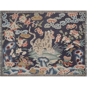 Chinese Asian Tiger Woven Blanket | Vintage Wildlife Cotton Throw, Jungle Wild Cat Wall Tapestry 60x80 inch