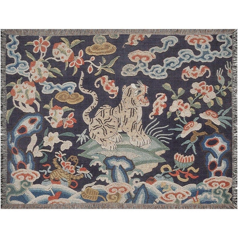 Chinese Asian Tiger Woven Blanket | Vintage Wildlife Cotton Throw, Jungle Wild Cat Wall Tapestry 60x80 inch