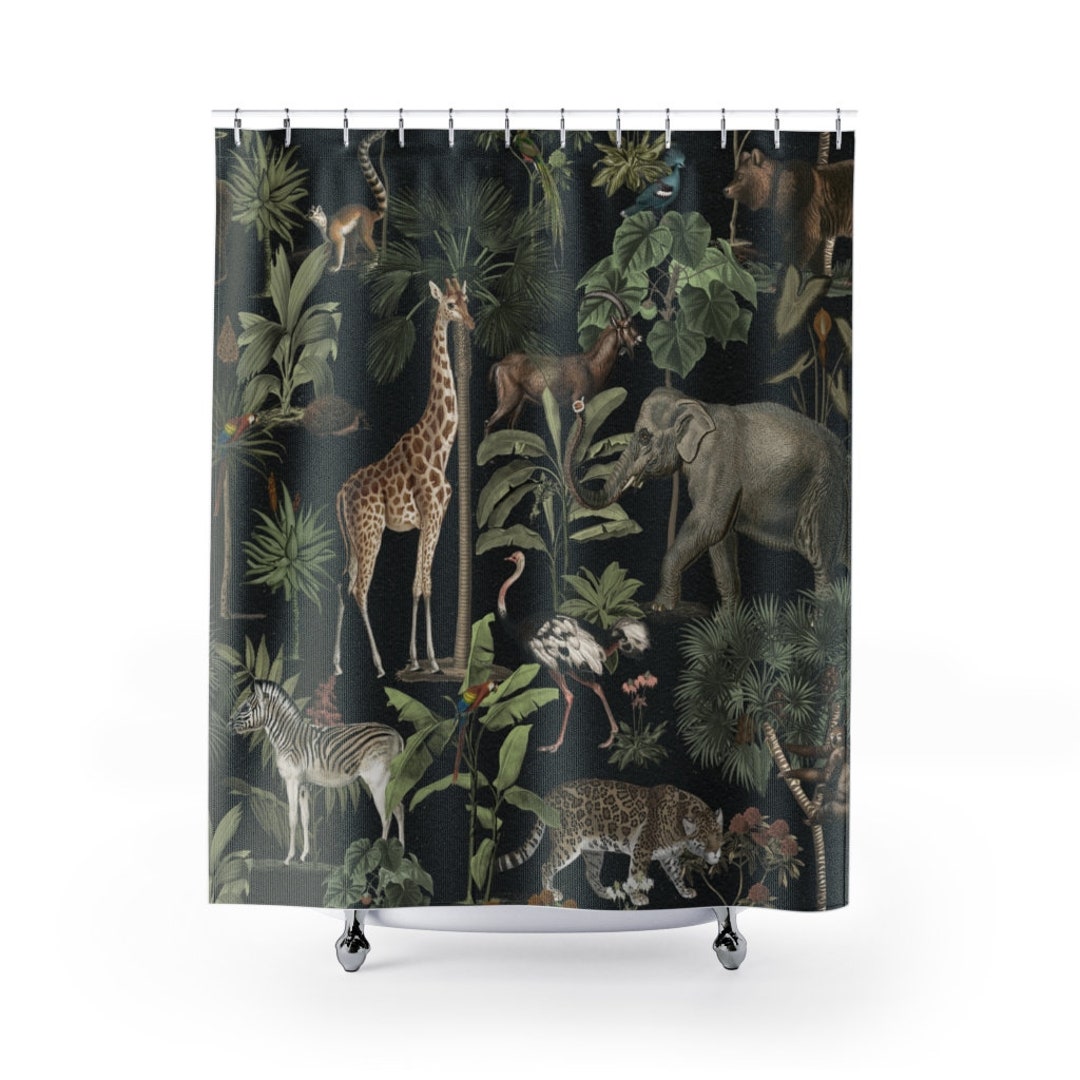 Jungle Shower Curtain, Safari Bathroom, Black Shower Curtain, Jungle