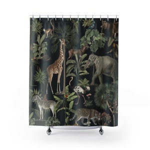 Jungle Shower Curtain, Safari Bathroom, Black Shower Curtain, Jungle Decor, Animal Bathroom, Jungle Animal, Safari Curtain, Jungle Bathroom