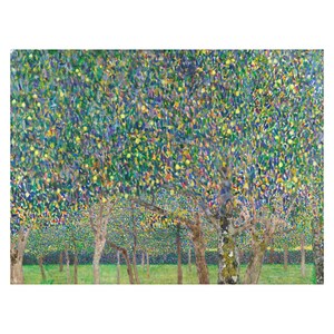 May include: A painting of an orchard with many trees, all with green leaves and yellow fruit. The trees are painted in a pointillist style, with small dots of color.