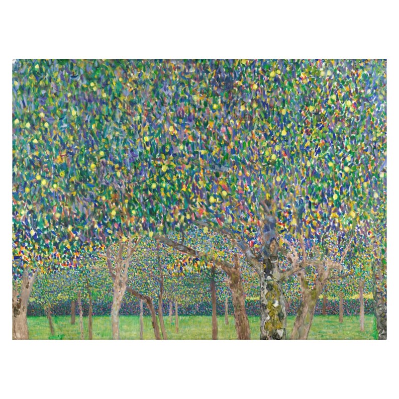 May include: A painting of an orchard with many trees, all with green leaves and yellow fruit. The trees are painted in a pointillist style, with small dots of color.