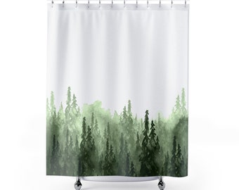 Forest Shower Curtain, Watercolor Forest, Tree Shower Curtain, Green Shower Curtain, Tree Watercolor, Nature Bathroom, Forest Painting