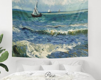 Van Gogh Sailboat Ocean Tapestry | Blue Nautical Wall Hanging, Beach Fine Art Accent Piece
