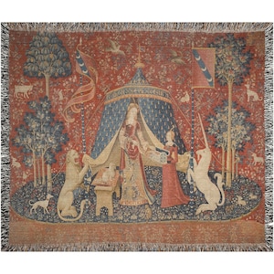 The Lady the Unicorn Woven Blanket Throw Medieval Tapestry Blanket Mille fleurs Middle Ages Art Organic Cotton Tasselled Edging Etsy Canada