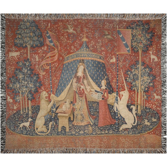 Unicorn Blanket, Woven Blanket, Medieval Blanket, Lady And The Unicorn, Medieval Decor, French Tapestry, Medieval Tapestry, Unicorn Tapestry
